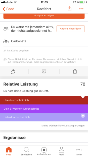 Ansicht Strava App